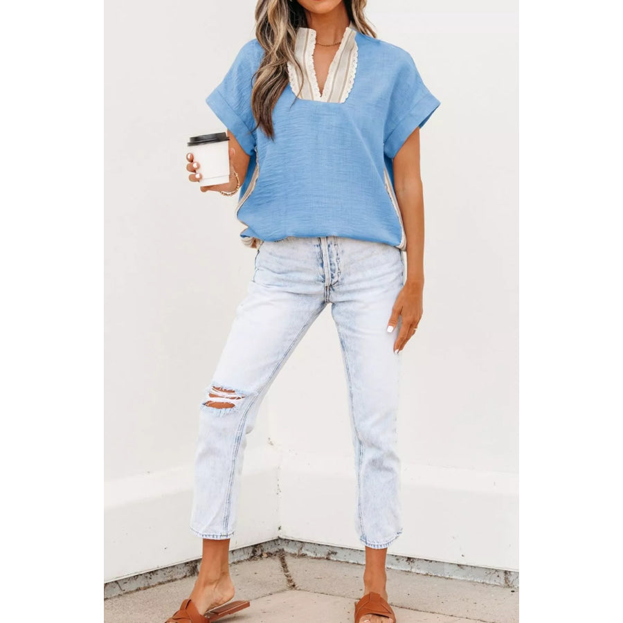Crochet Lace Accent Pullover Rolled Short Sleeve Blouse Apparel and Accessories