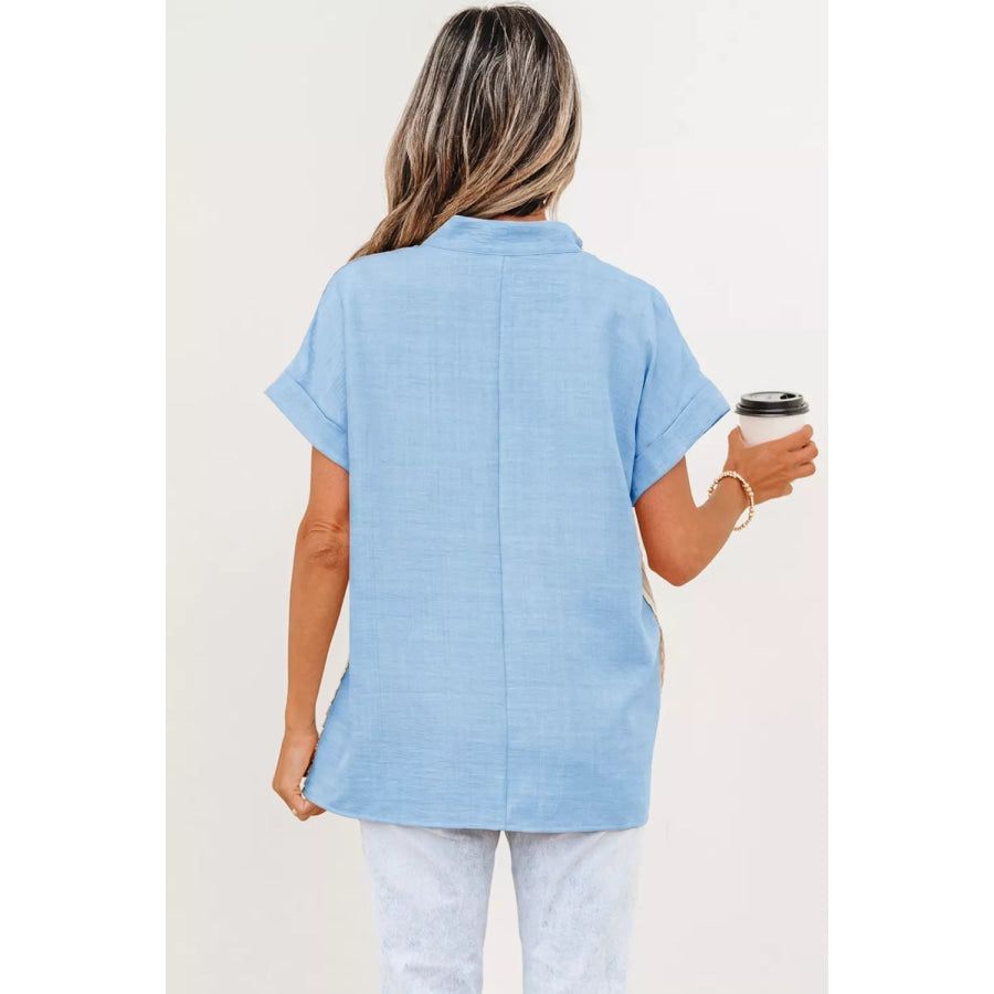 Crochet Lace Accent Pullover Rolled Short Sleeve Blouse Apparel and Accessories