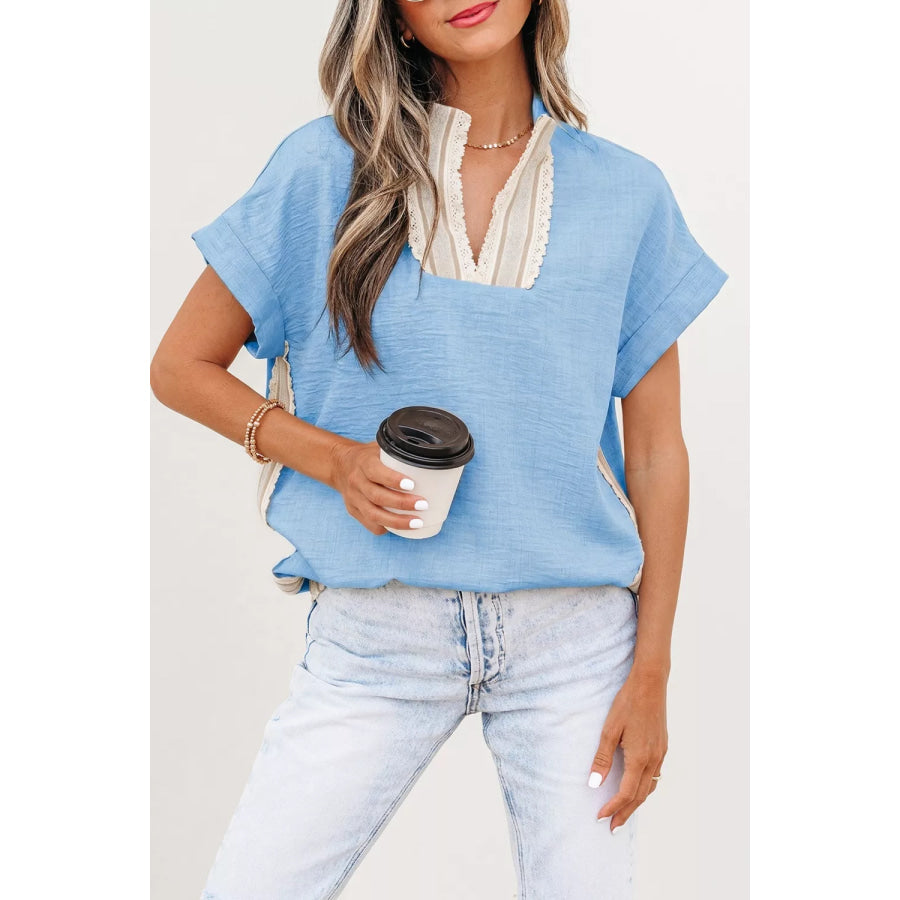 Crochet Lace Accent Pullover Rolled Short Sleeve Blouse Light Blue / S Apparel and Accessories