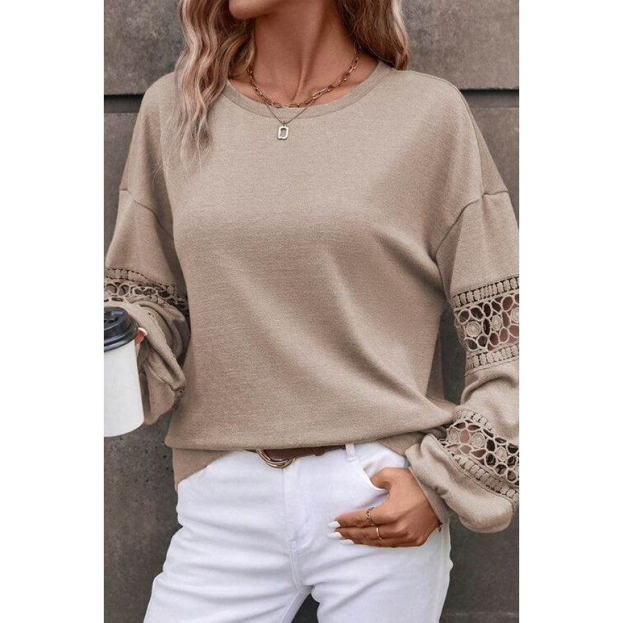 Crochet Long Sleeve Drop Shoulder Blouse Women’s Fashion Clothing
