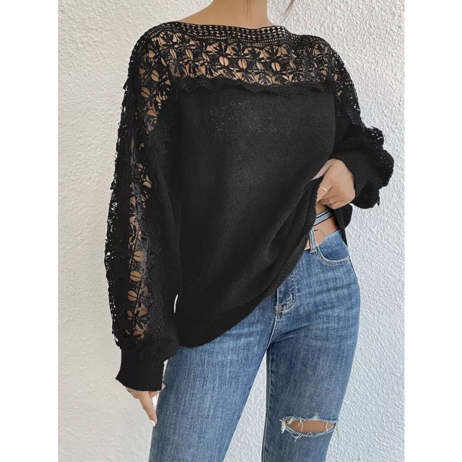Crochet Long Sleeve Sweater Black / S Apparel and Accessories