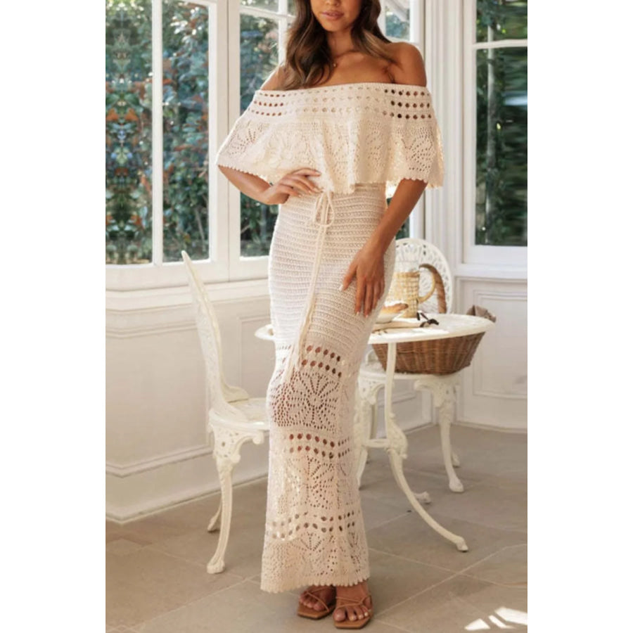 Crochet Off-Shoulder Maxi Dress Beige / S Apparel and Accessories