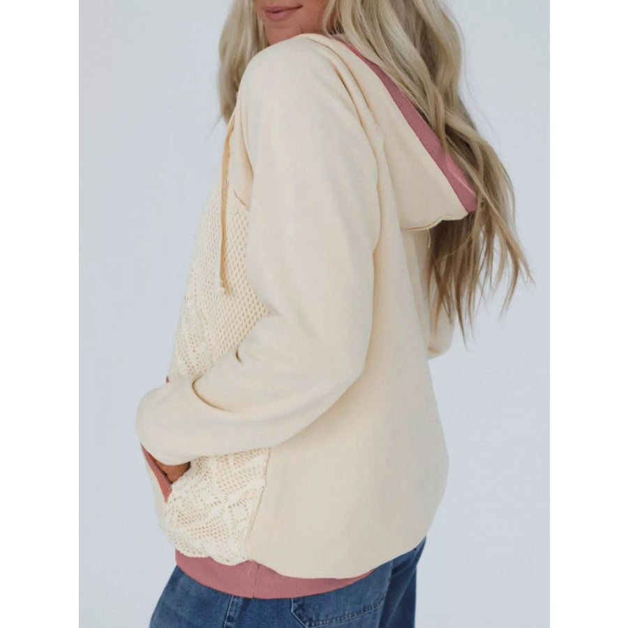 Crochet Panel Kangaroo Pocket Hoodie Apparel and Accessories