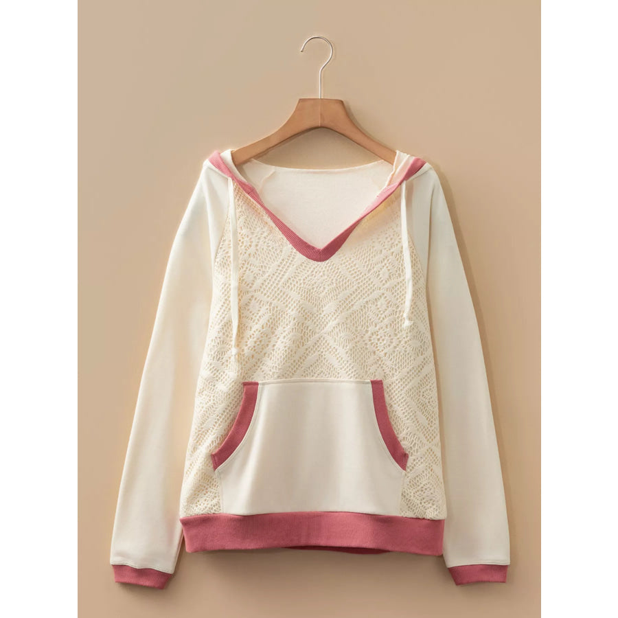 Crochet Panel Kangaroo Pocket Hoodie Apparel and Accessories