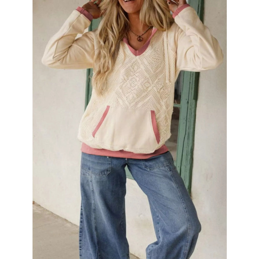 Crochet Panel Kangaroo Pocket Hoodie Beige / S Apparel and Accessories