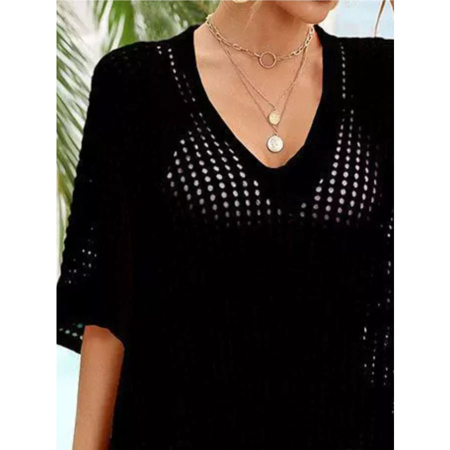 Crochet Rainbow Trim Cover-Up Dress Black / One Size Apparel and Accessories
