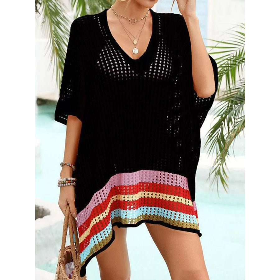 Crochet Rainbow Trim Cover-Up Dress Black / One Size Apparel and Accessories