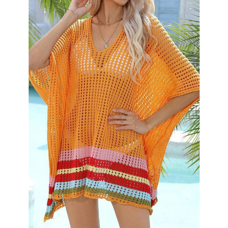 Crochet Rainbow Trim Cover-Up Dress Orange / One Size Apparel and Accessories