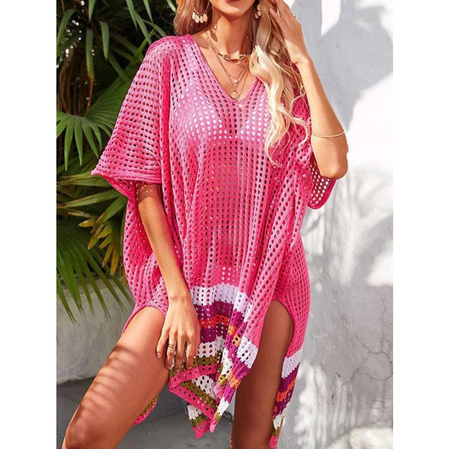 Crochet Rainbow Trim Cover-Up Dress Rose Red / One Size Apparel and Accessories