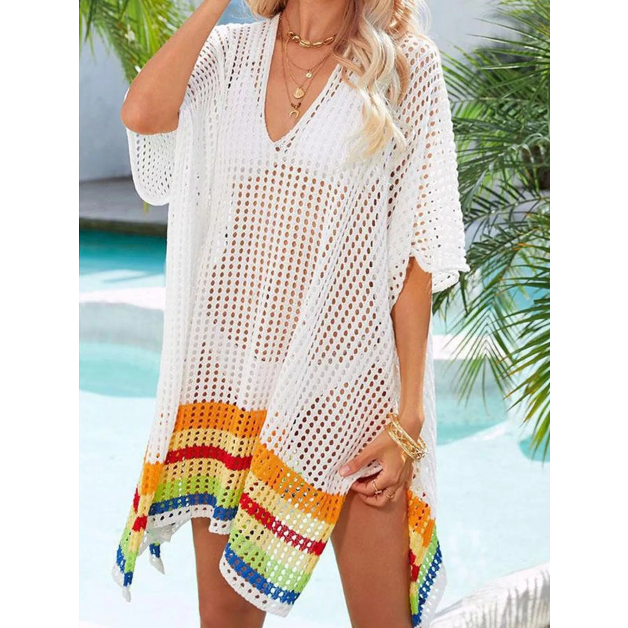Crochet Rainbow Trim Cover-Up Dress White / One Size Apparel and Accessories