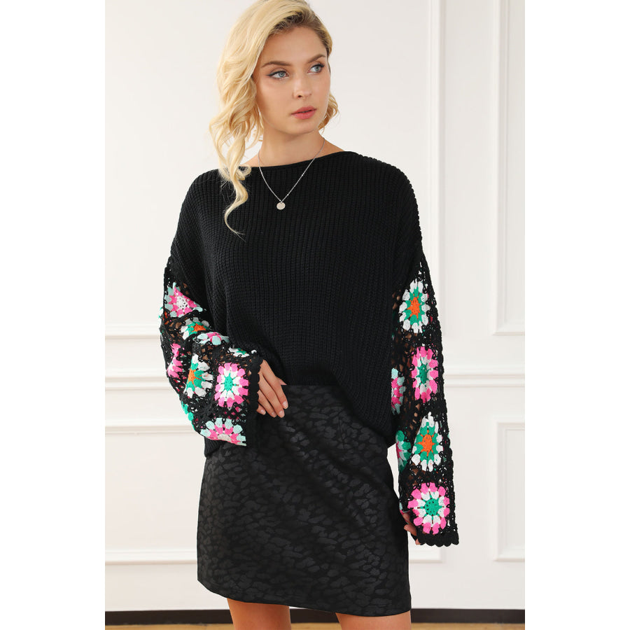 Crochet Round Neck Long Sleeve Knit Top Black / S Apparel and Accessories