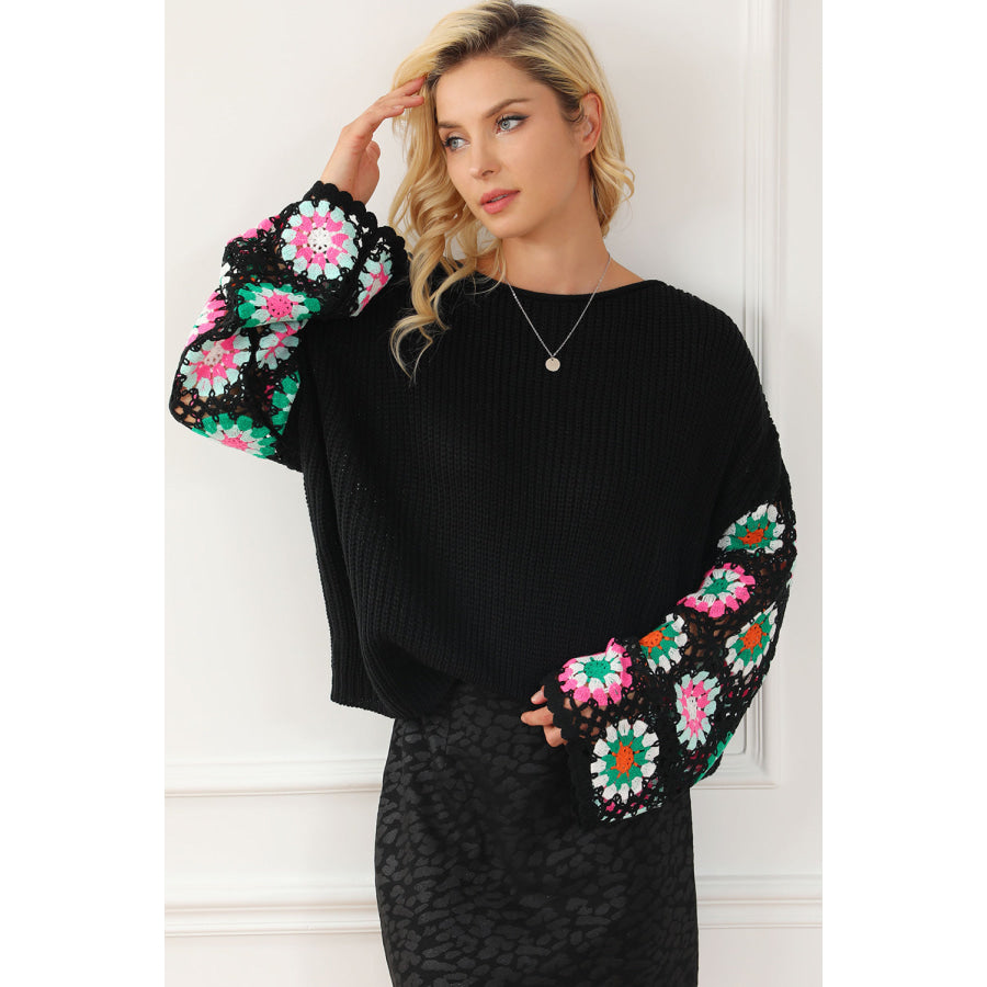 Crochet Round Neck Long Sleeve Knit Top Apparel and Accessories