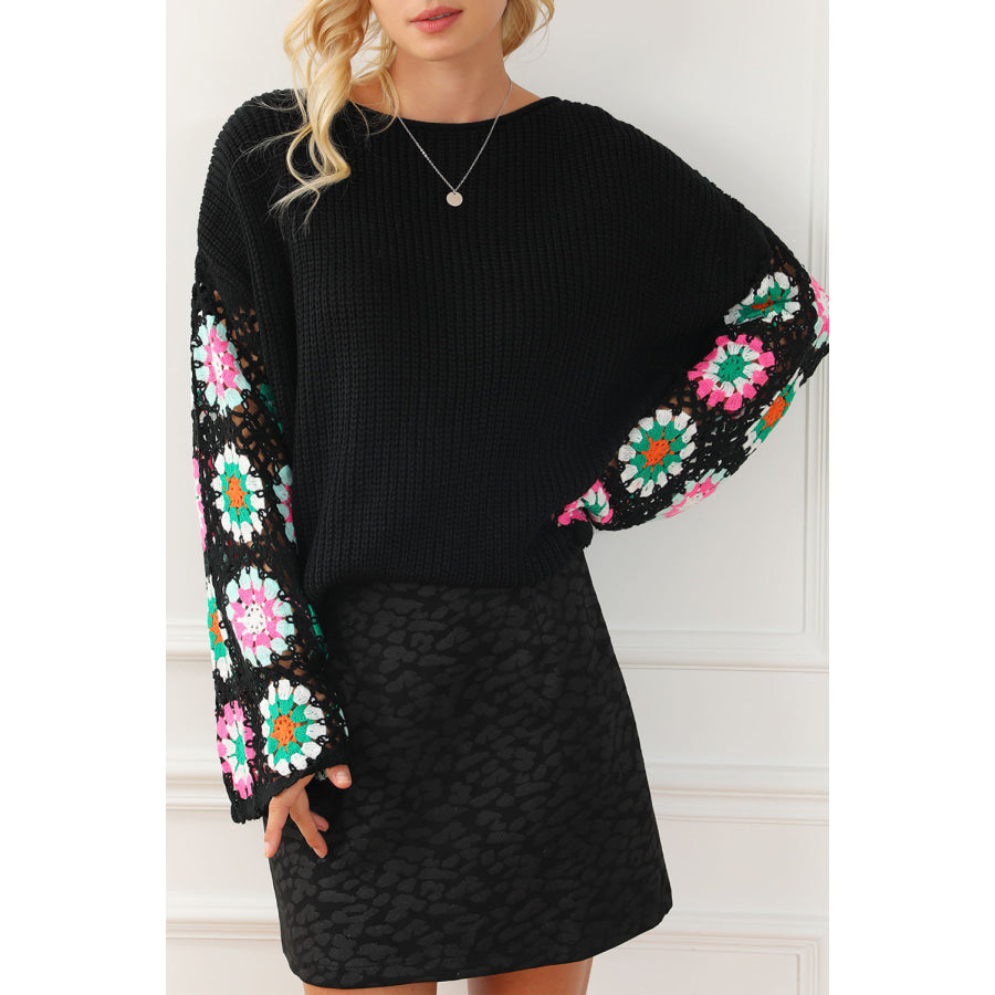 Crochet Round Neck Long Sleeve Knit Top Black / S Apparel and Accessories