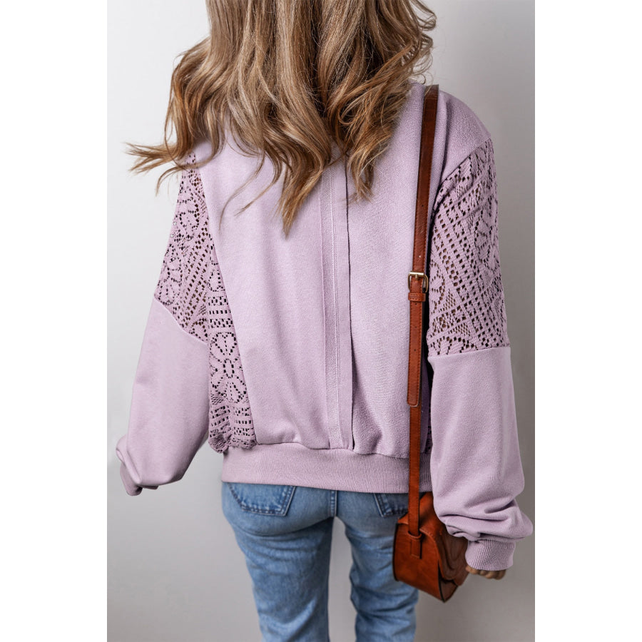 Crochet Round Neck Long Sleeve Sweatshirt Pink Purple / S Apparel and Accessories