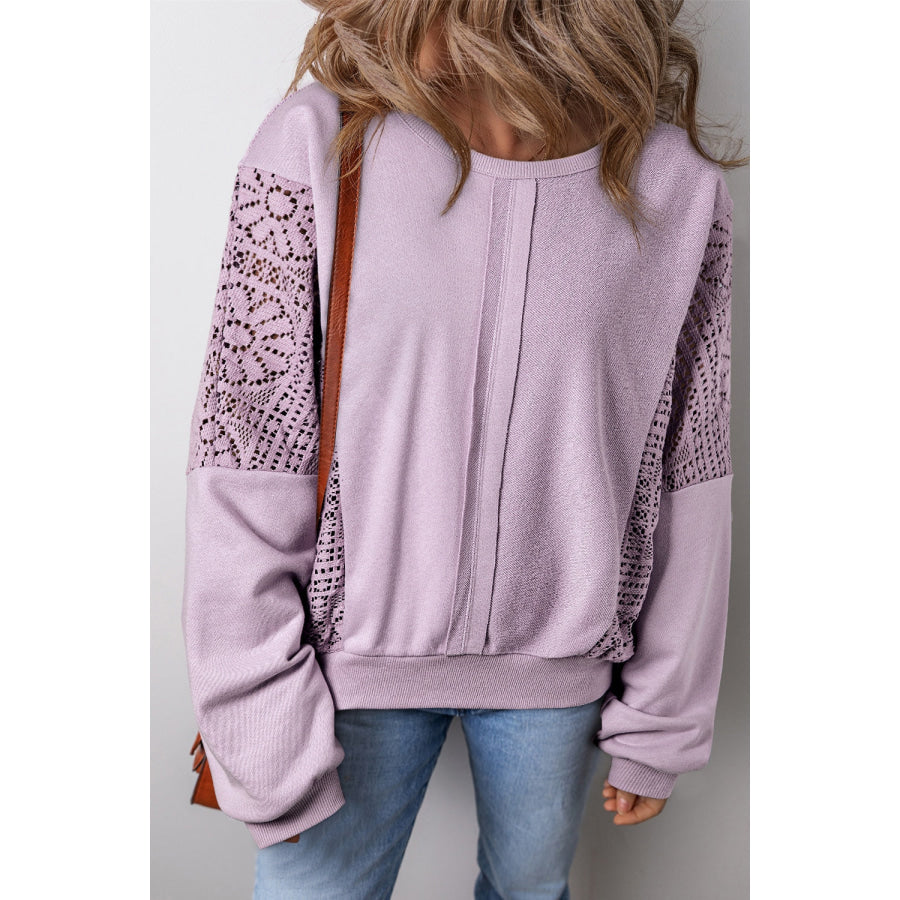 Crochet Round Neck Long Sleeve Sweatshirt Pink Purple / S Apparel and Accessories