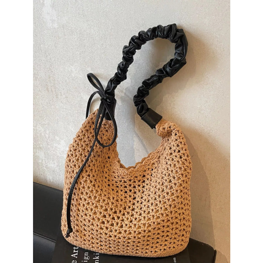 Crochet Shoulder Bag with Ruched Handle Khaki / One Size Apparel and Accessories