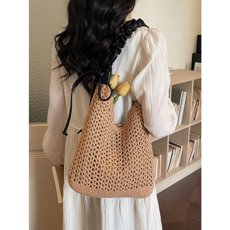 Crochet Shoulder Bag with Ruched Handle Khaki / One Size Apparel and Accessories