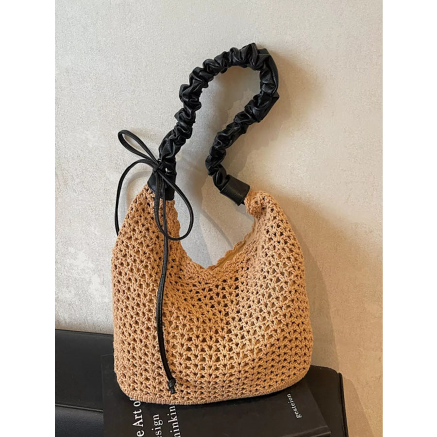 Crochet Shoulder Bag with Ruched Handle Khaki / One Size Apparel and Accessories