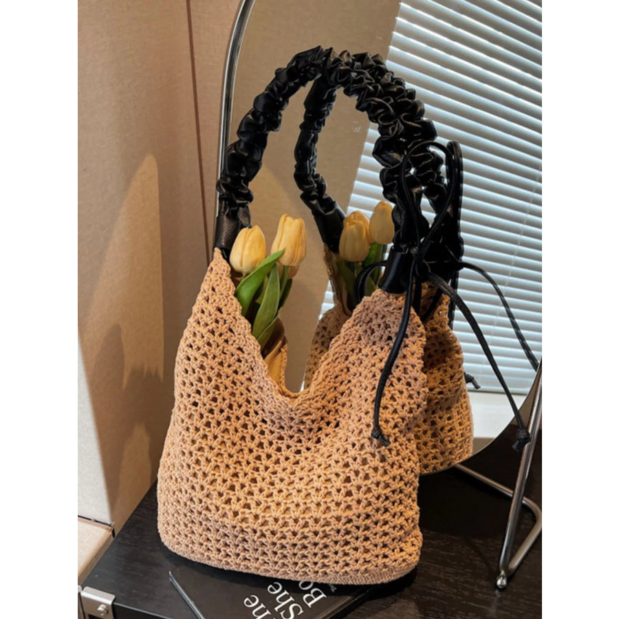Crochet Shoulder Bag with Ruched Handle Khaki / One Size Apparel and Accessories