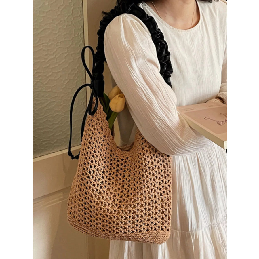 Crochet Shoulder Bag with Ruched Handle Khaki / One Size Apparel and Accessories