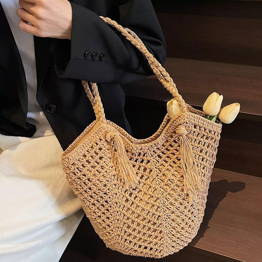 Crochet Shoulder Bag with Tassel Accents Khaki / onesize Apparel and Accessories