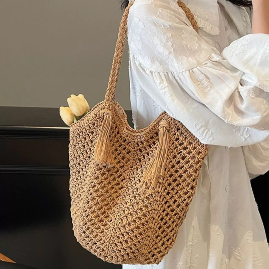 Crochet Shoulder Bag with Tassel Accents Khaki / onesize Apparel and Accessories
