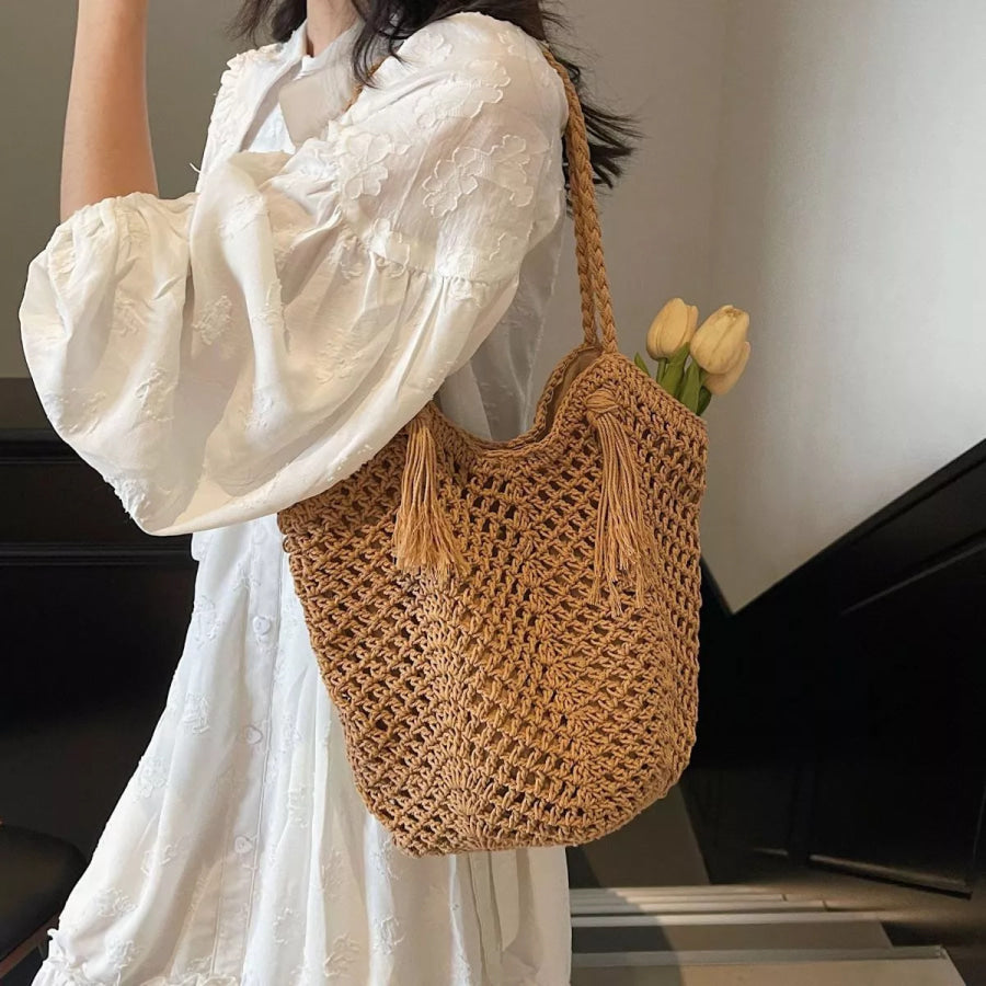 Crochet Shoulder Bag with Tassel Accents Khaki / onesize Apparel and Accessories