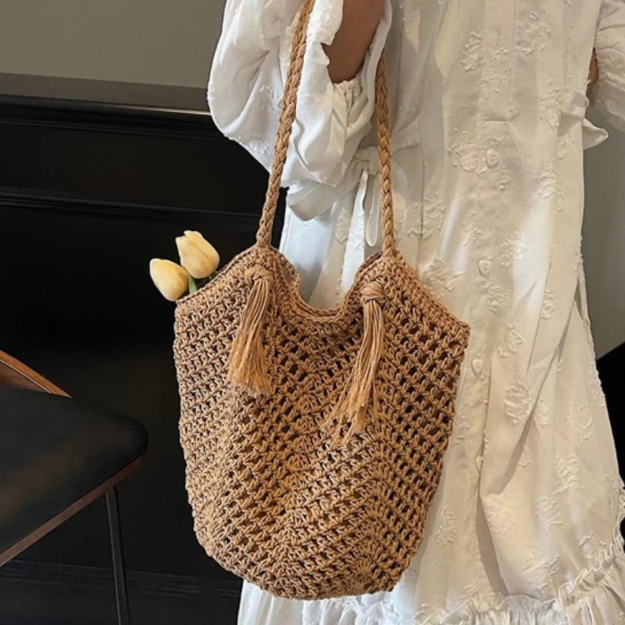 Crochet Shoulder Bag with Tassel Accents Khaki / onesize Apparel and Accessories