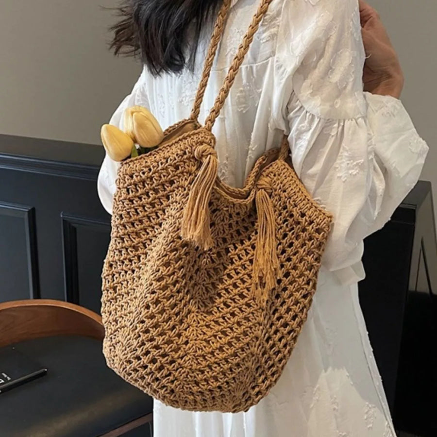 Crochet Shoulder Bag with Tassel Accents Khaki / onesize Apparel and Accessories