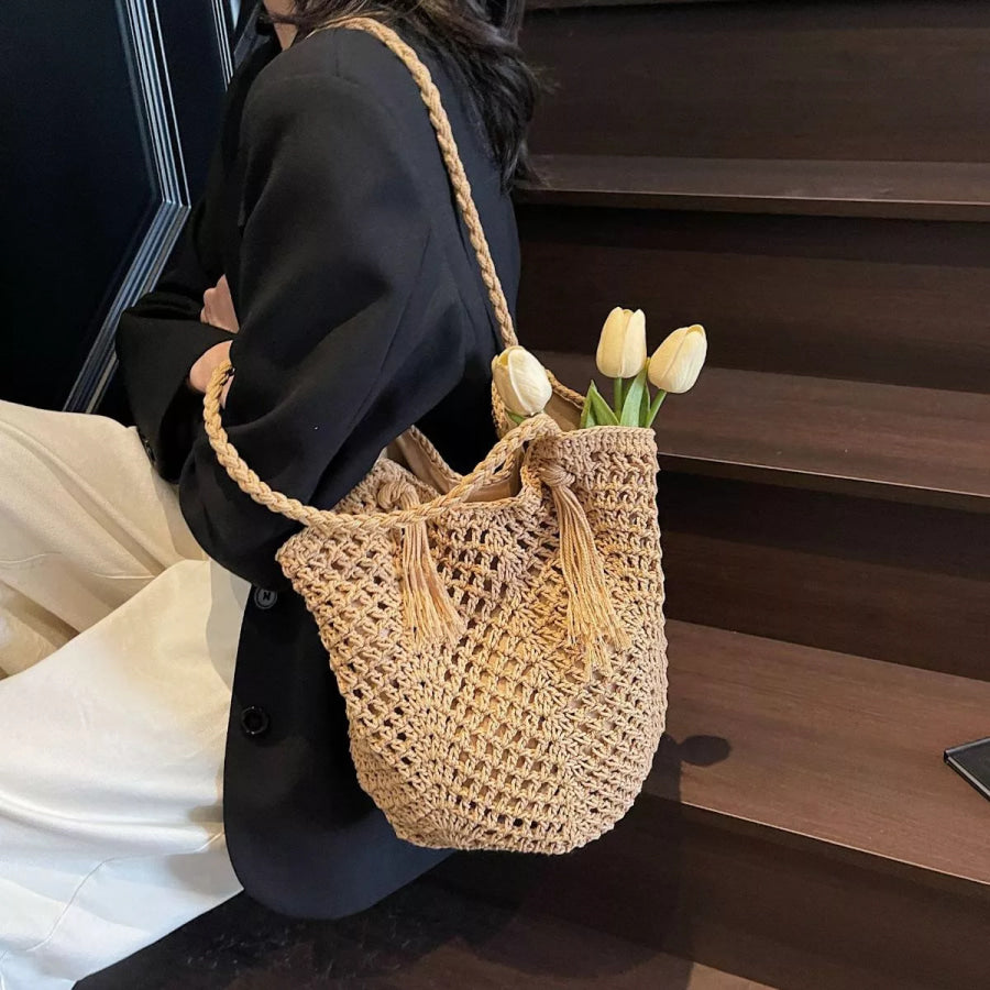 Crochet Shoulder Bag with Tassel Accents Khaki / onesize Apparel and Accessories