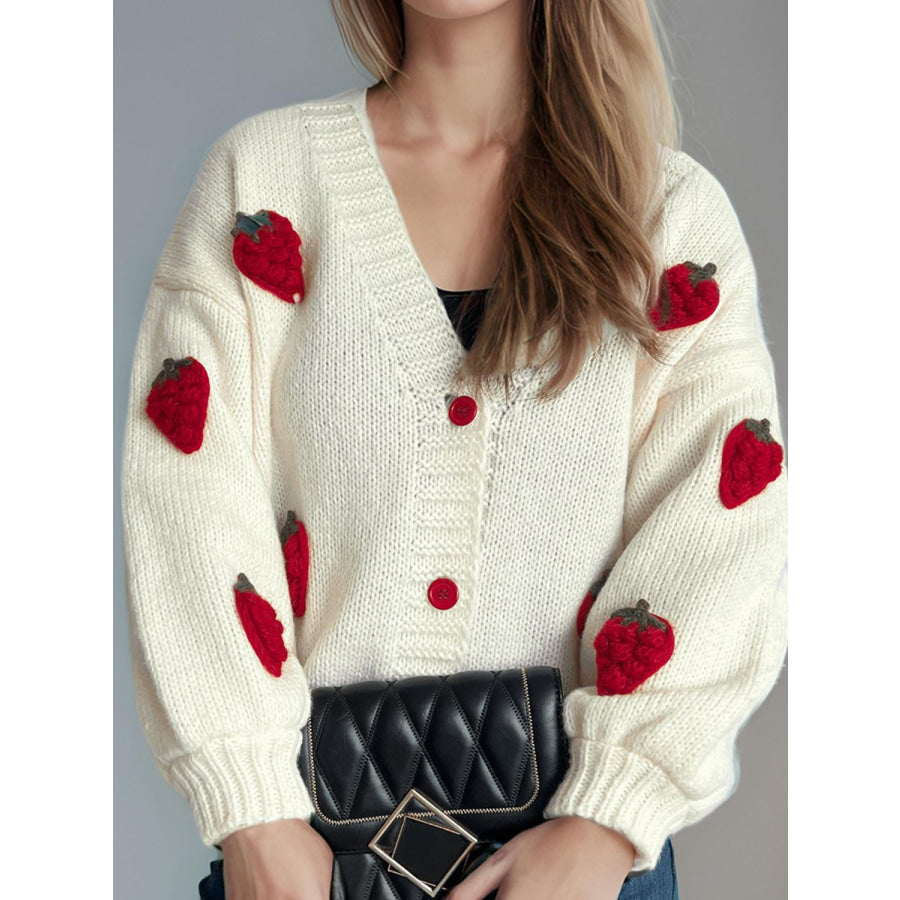 Crochet Strawberry V-Neck Long Sleeve Cardigan Apparel and Accessories