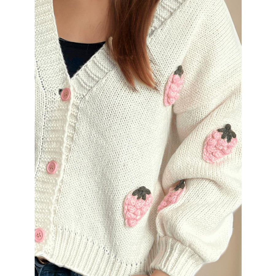 Crochet Strawberry V-Neck Long Sleeve Cardigan Apparel and Accessories