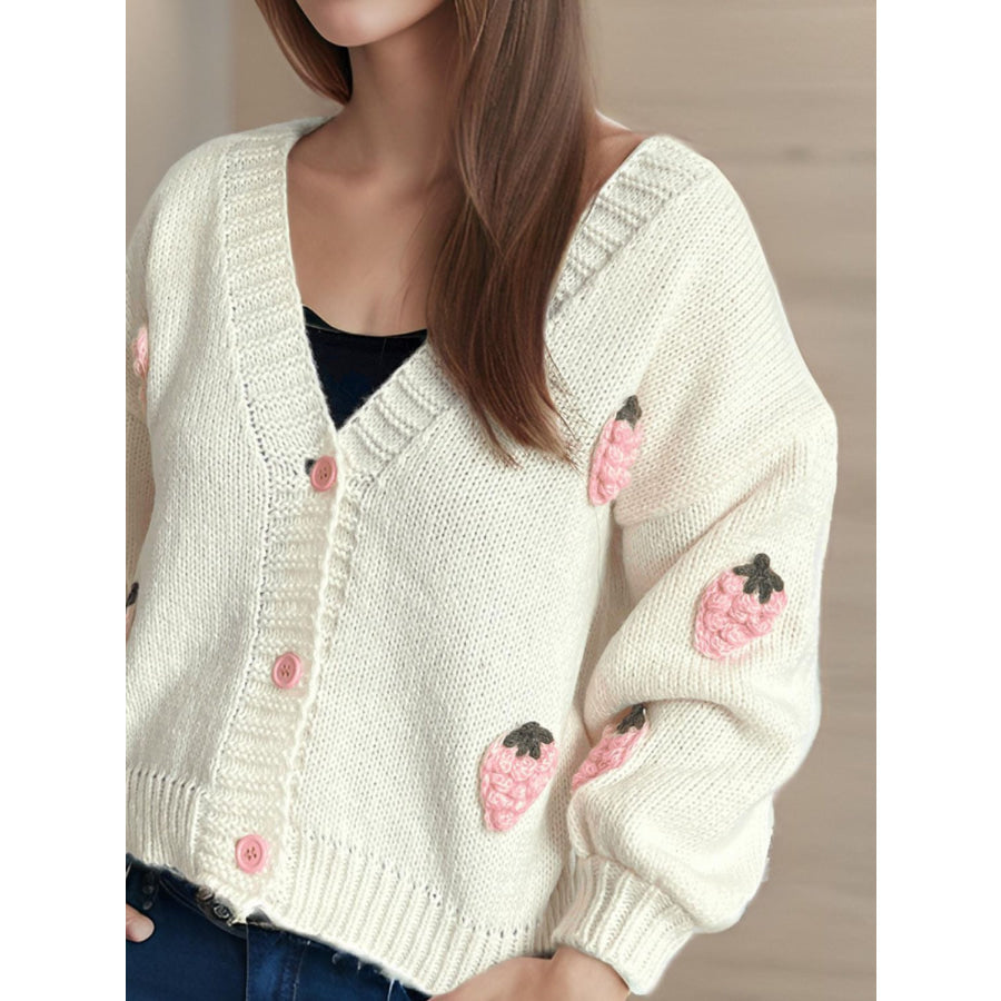 Crochet Strawberry V-Neck Long Sleeve Cardigan Apparel and Accessories