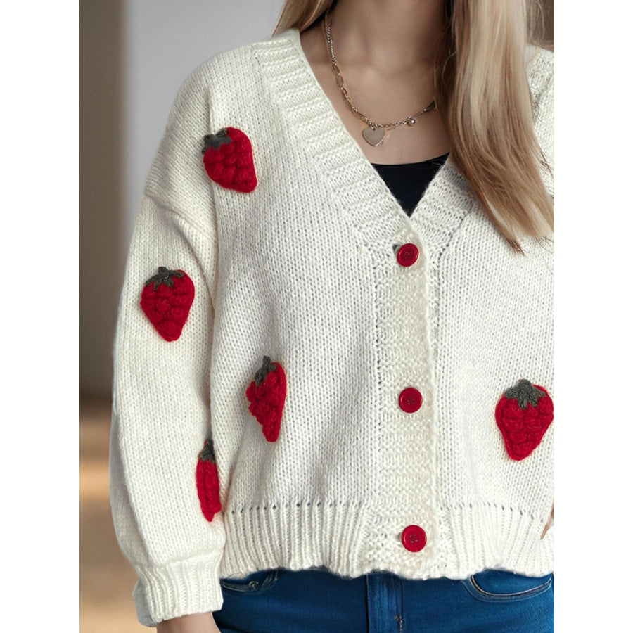 Crochet Strawberry V-Neck Long Sleeve Cardigan Apparel and Accessories