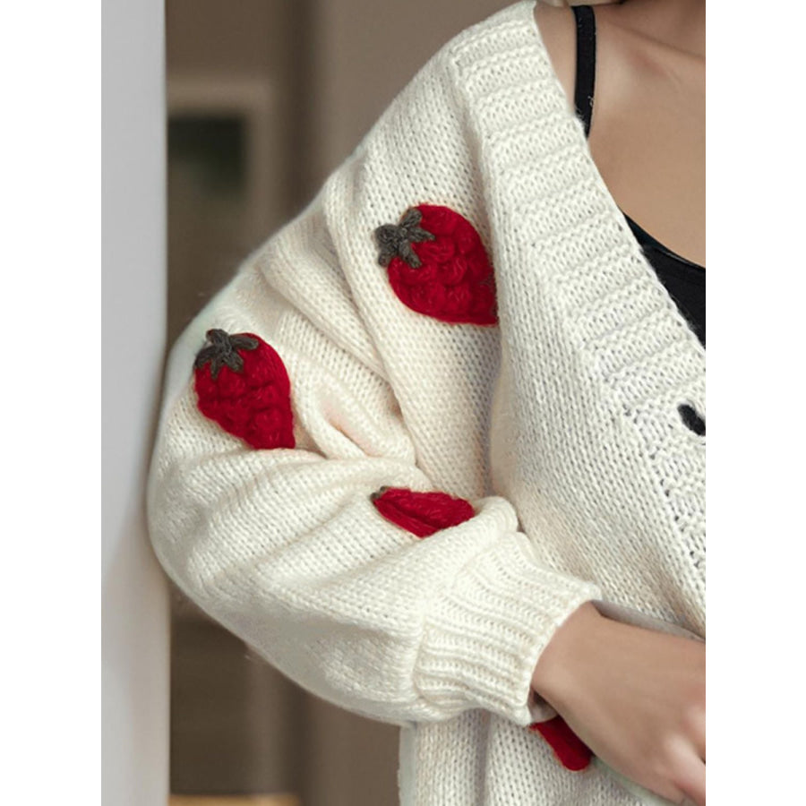 Crochet Strawberry V-Neck Long Sleeve Cardigan Apparel and Accessories