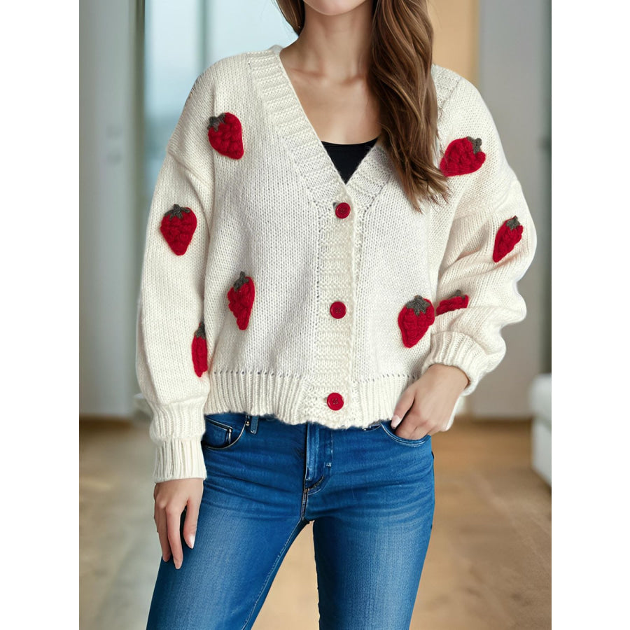 Crochet Strawberry V-Neck Long Sleeve Cardigan Apparel and Accessories