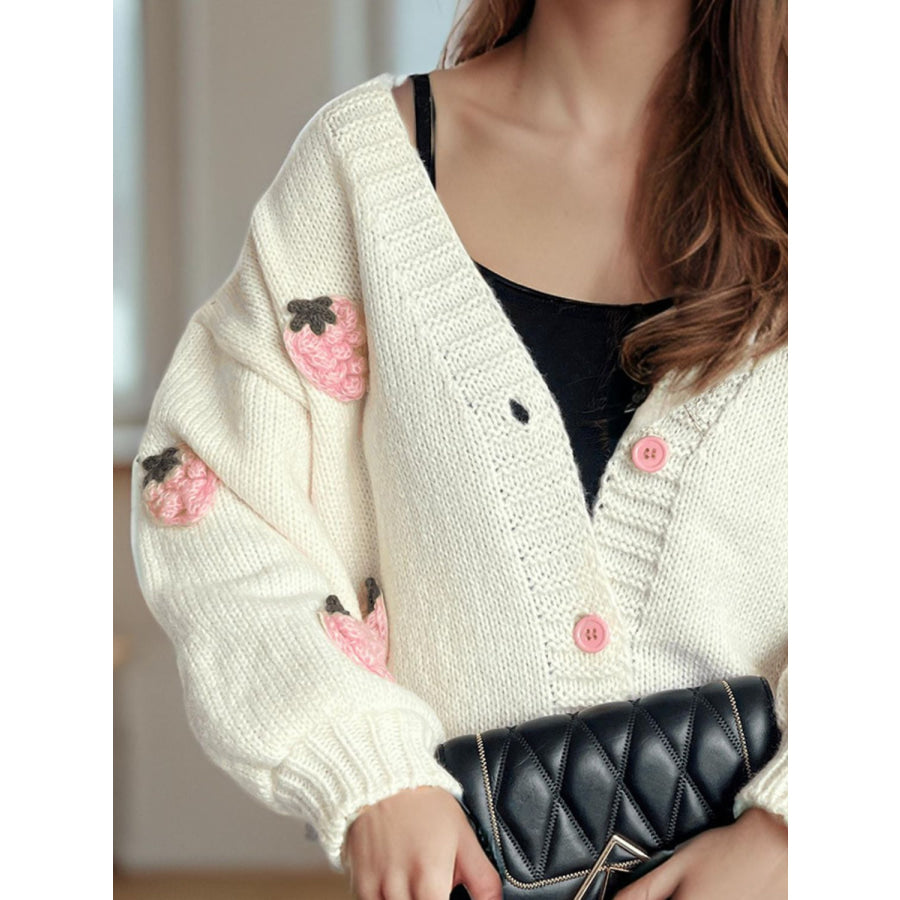 Crochet Strawberry V-Neck Long Sleeve Cardigan Apparel and Accessories