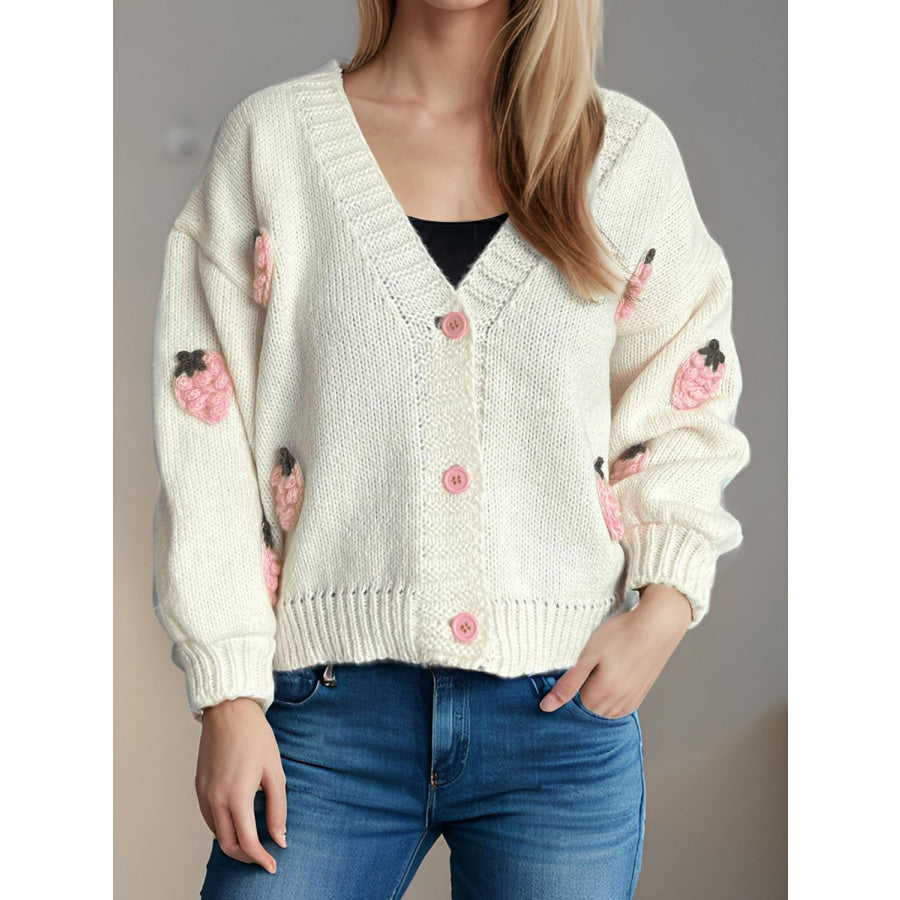 Crochet Strawberry V-Neck Long Sleeve Cardigan Blush Pink / One Size Apparel and Accessories