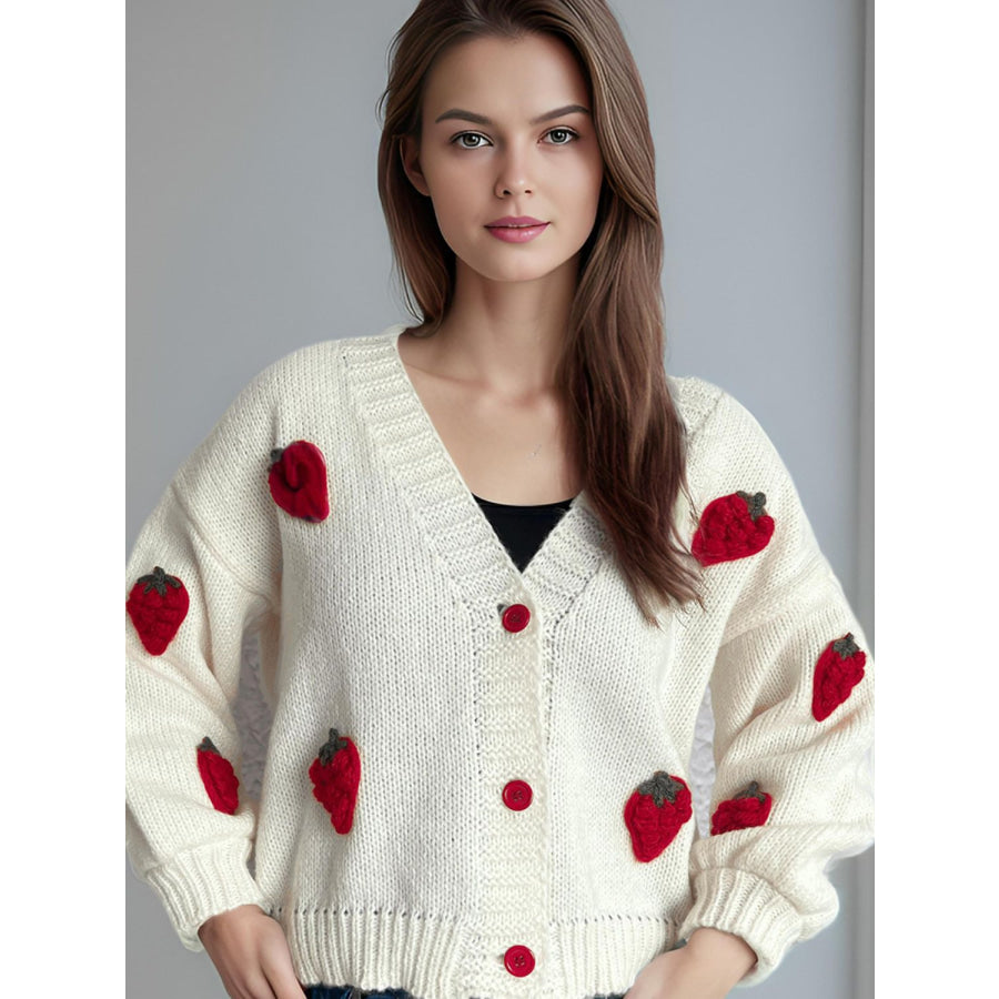 Crochet Strawberry V-Neck Long Sleeve Cardigan Scarlet / One Size Apparel and Accessories