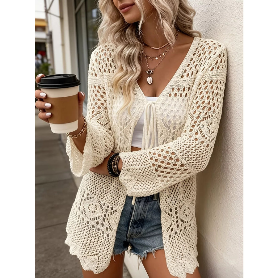 Crochet Tie Front Cardigan Apricot / S Apparel and Accessories