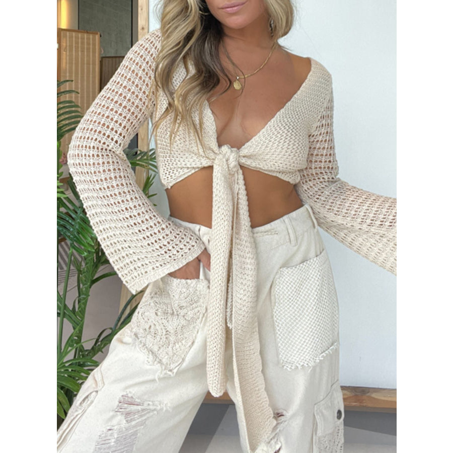 Crochet Tie-Front Cardigan Beige / S Apparel and Accessories
