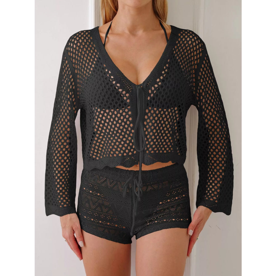 Crochet Tie-Front Knit Cover Up Apparel and Accessories