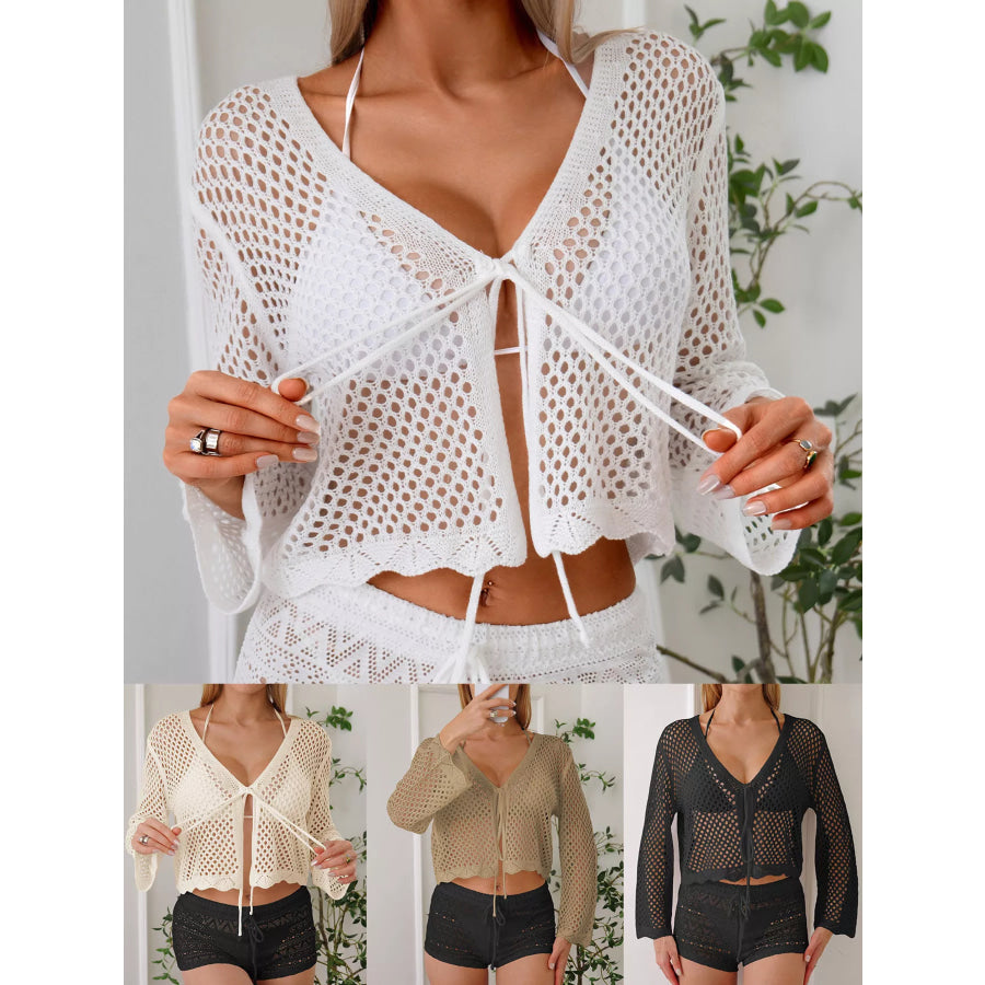 Crochet Tie-Front Knit Cover Up Beige / One Size Apparel and Accessories
