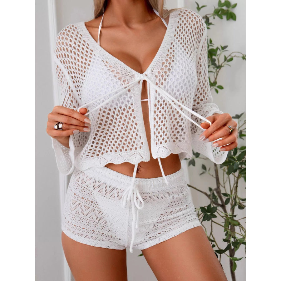 Crochet Tie-Front Knit Cover Up White / One Size Apparel and Accessories