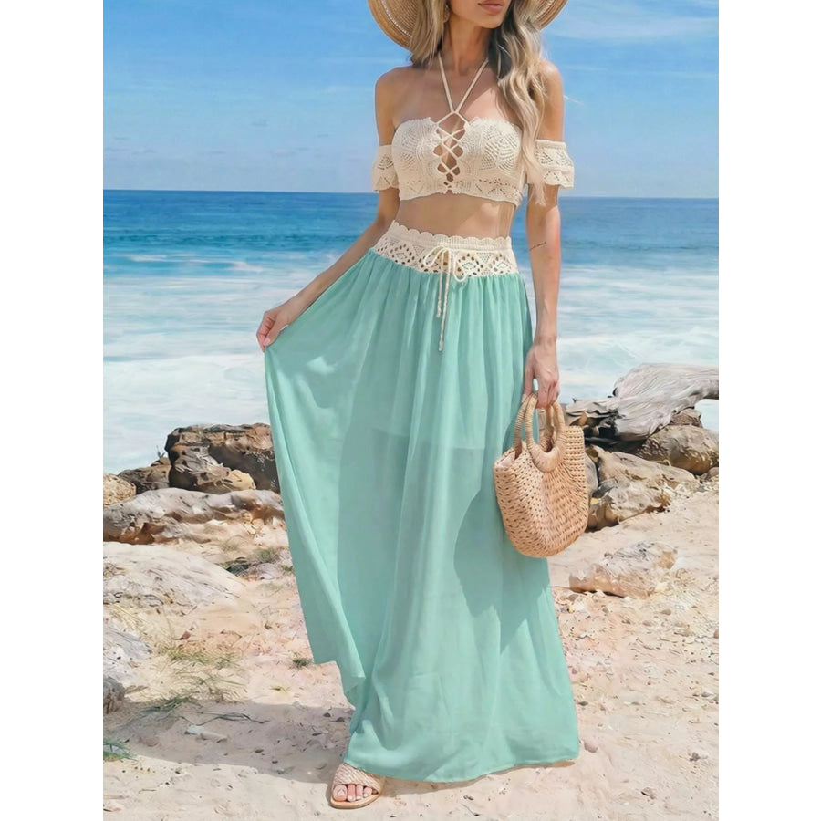 Crochet Top and Maxi Skirt Set Pastel Blue / S Apparel and Accessories
