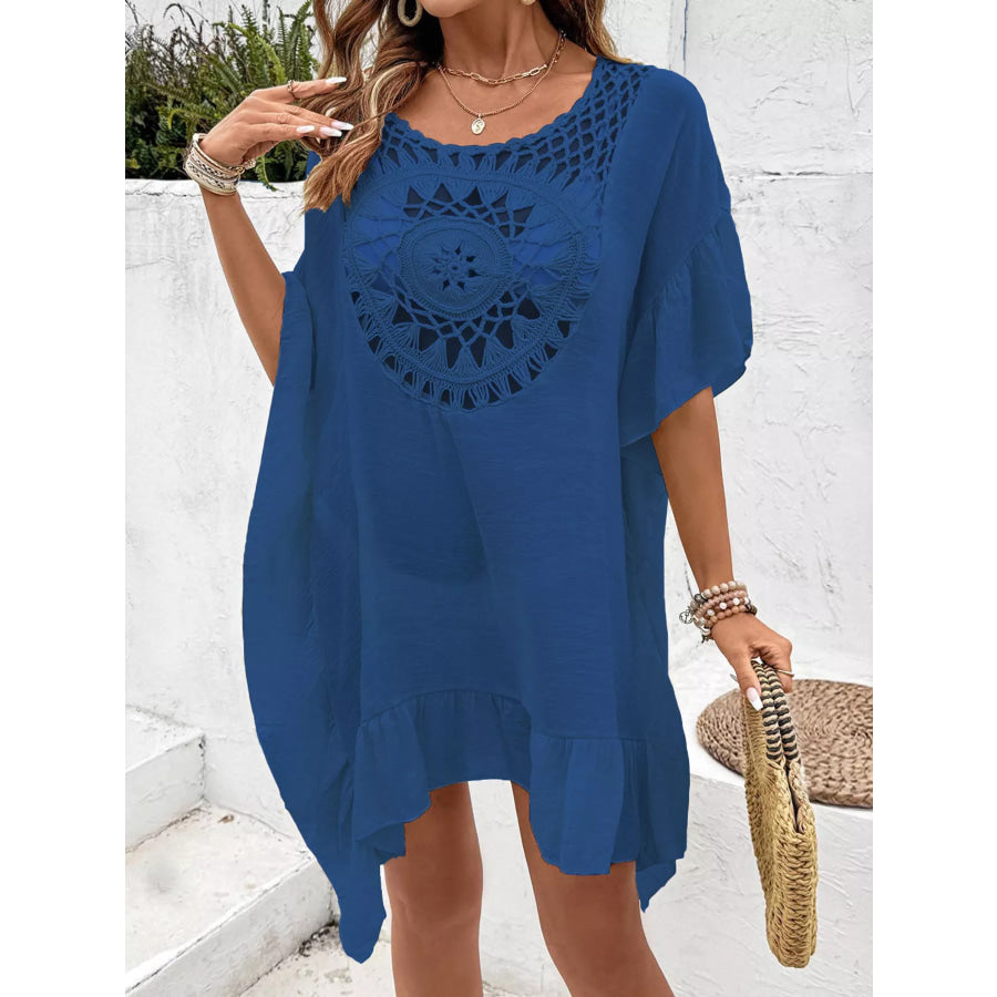 Crochet Trim Ruffled Hem Cover-Up Dress Apparel and Accessories