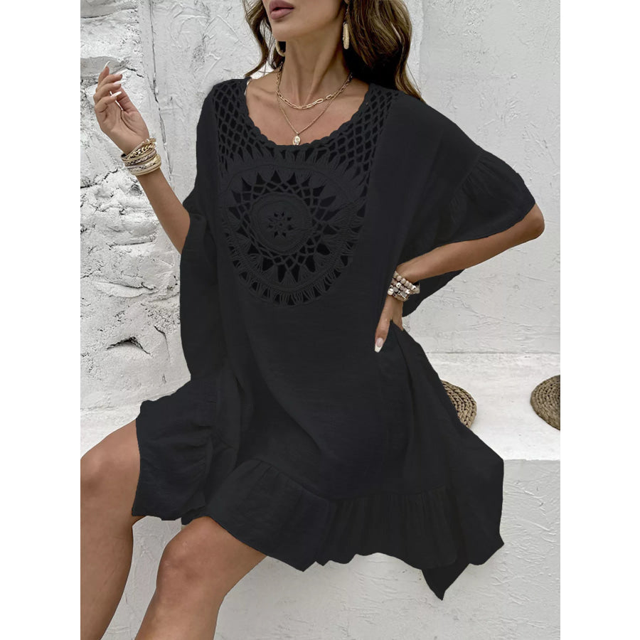 Crochet Trim Ruffled Hem Cover-Up Dress Apparel and Accessories