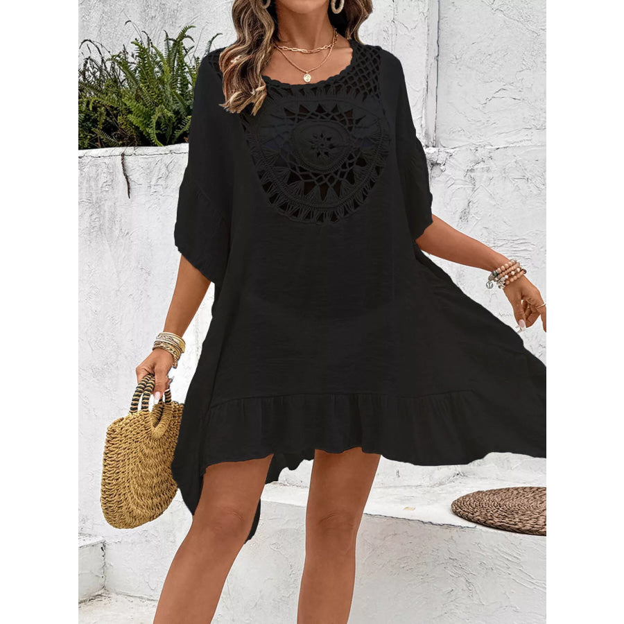 Crochet Trim Ruffled Hem Cover-Up Dress Black / One Size Apparel and Accessories