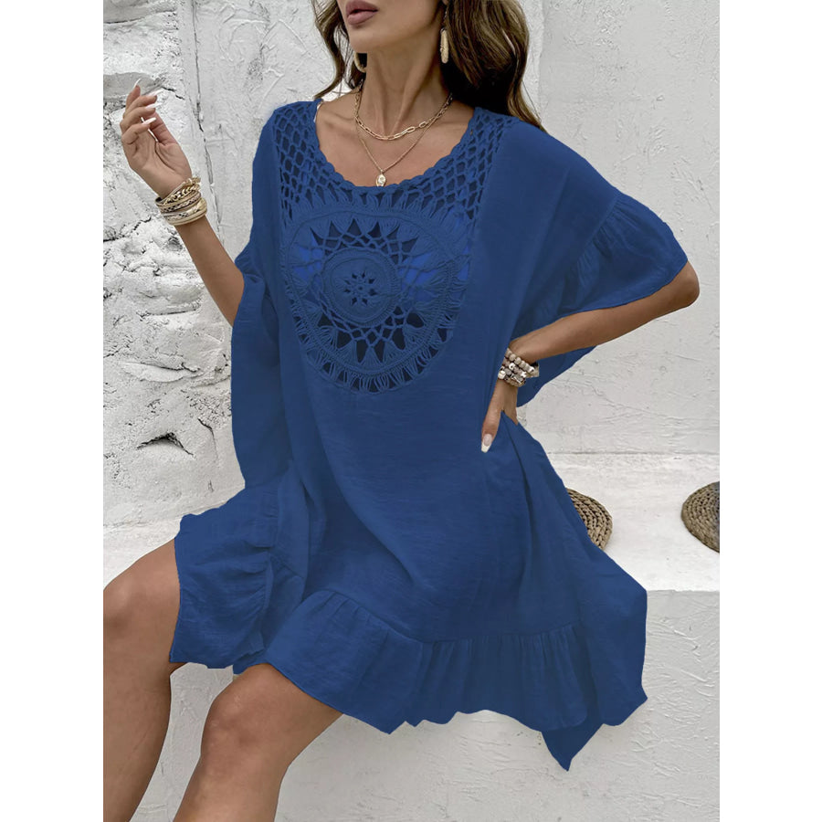 Crochet Trim Ruffled Hem Cover-Up Dress Indigo / One Size Apparel and Accessories