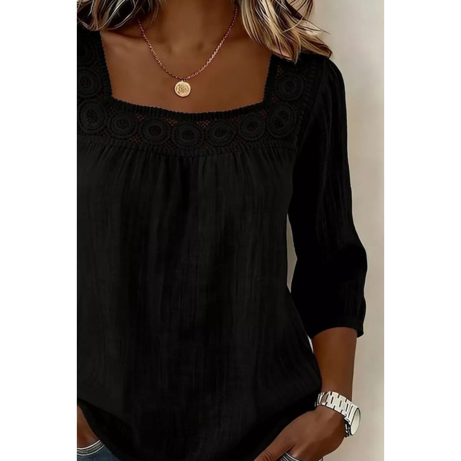 Crochet Trim Square Neck Blouse Apparel and Accessories